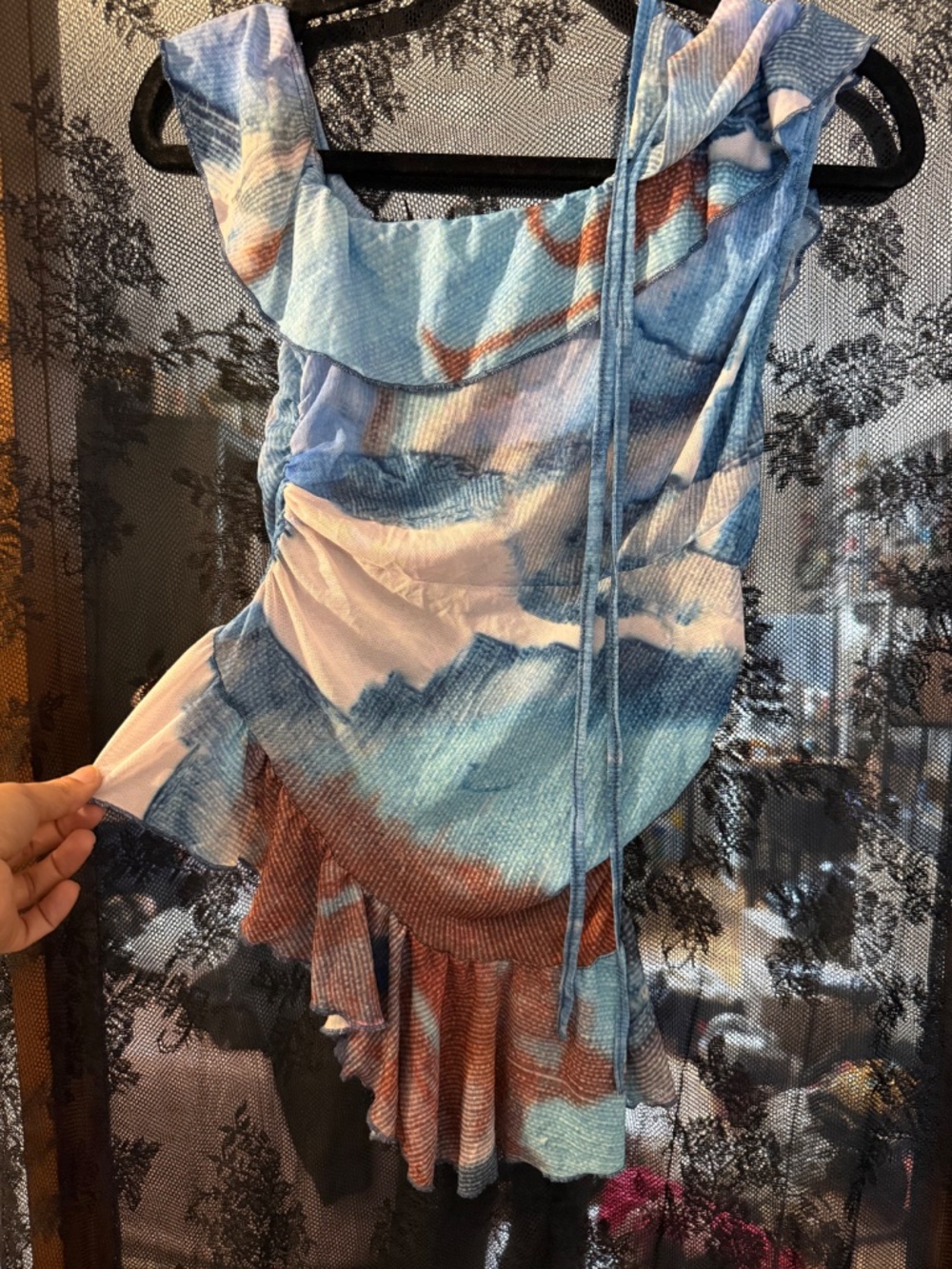 Blue Abstract Print Ruched Ruffle Mini Dress | Asymmetrical Y2K Style - Picture 4 of 5